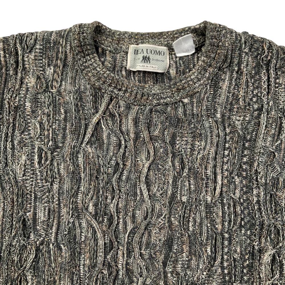 Idea Uomo Sweater Mens Large Green Grey 3D Texture Cable Knit Coogi Grandpa VTG